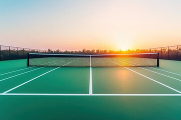 A serene tennis court at sunset, featuring a vibrant green surface and a silhouetted net against a colorful sky.