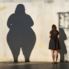 Sticker - A thin woman’s shadow on a wall appears as an overweight figure, symbolizing distorted self-perception and body image issues. contrast explores themes of identity, insecurity, and body dysmorphia