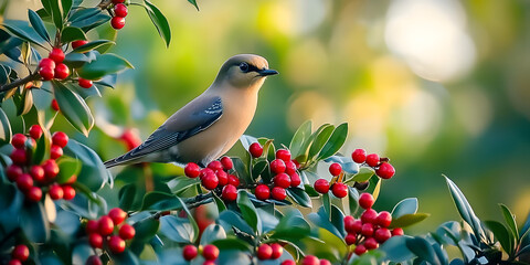 Wall Mural - cedar waxwing bird perched in yaupon holly tree with red berries