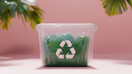 Wall Mural - A biodegradable plastic package with a prominent recycle symbol on the front. The image highlights the benefits of using compostable materials for packaging that break down naturally. Large space for