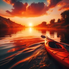 Wall Mural - Kayak boat at sunset on water, sport travel adventure, leisure recreation canoeing vacation, outdoor summer fun paddling, scenic river lifestyle, active tourism journey, beautiful evening reflection.