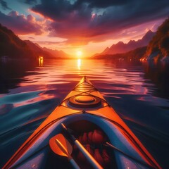 Wall Mural - Kayak boat at sunset on water, sport travel adventure, leisure recreation canoeing vacation, outdoor summer fun paddling, scenic river lifestyle, active tourism journey, beautiful evening reflection.