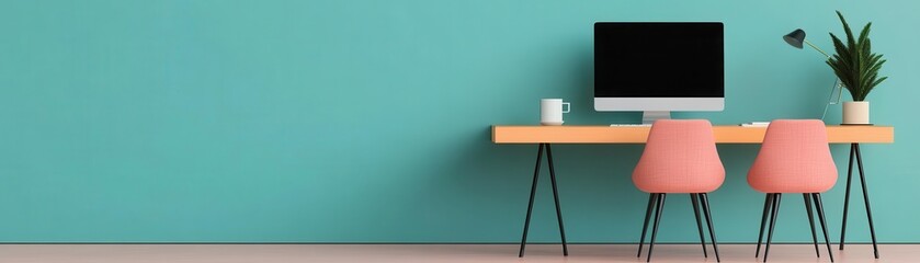 A modern workspace featuring a teal wall, minimalist desk, two pink chairs, a computer, and a potted plant, creating a stylish and vibrant atmosphere.