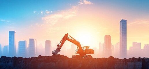 Wall Mural - excavator working on construction site in city at sunset.