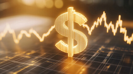Poster - Golden dollar sign is glowing on a digital stock market trading chart background, suggesting growth in investment and finance