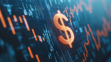 Poster - Glowing dollar sign made of pixels on a digital screen with financial data charts, suggesting trading and investment