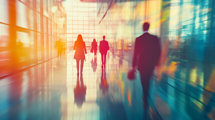 Canvas Print - Business people are walking in a modern office corridor with motion blur effect