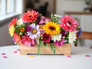 Beautiful bouquet of colorful flowers on a rustic wooden table, blooming, botanical