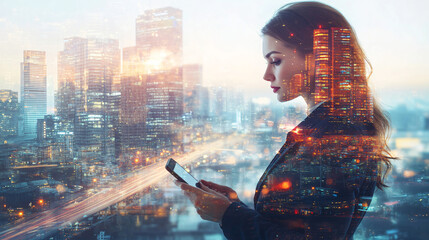 Aufkleber - Captivating double exposure effect of a successful businesswoman using her smartphone against a city skyline, showcasing modern urban life