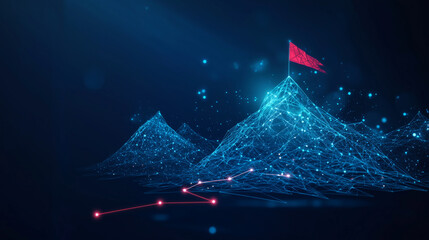 Digital AI Technology Concept. An abstract illustration of a path leading to a mountain peak with a flag, symbolizing achievement, success, and overcoming challenges. Generative AI Content