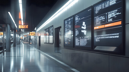 Modern transportation hub with digital boards displaying real-time scheduling updates.