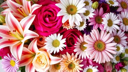 Close-up of a vibrant bouquet of assorted flowers including roses, lilies, and daisies, summer, bloom