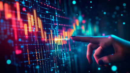 Poster - Businesswoman is touching a digital screen displaying colorful financial data visualizations