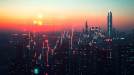 Poster - Sunset cityscape with skyscrapers and stock market data overlay