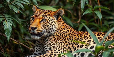 Close-up photo of a wild leopard resting in its natural habitat, showcasing its beautiful fur pattern and piercing eyes, resting, habitat