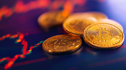 Poster - Bitcoin coins resting on a computer screen with charts, indicating potential for cryptocurrency trading and investment