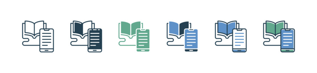 Poster - read book mobile icon set education online study course vector open book with smartphone learning document symbol illustration