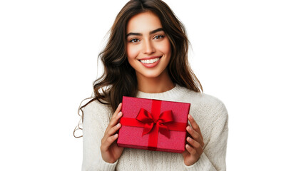 Portrait of happy Caucasian woman in knitted sweater holding a Christmas present gift box present, celebrating the holiday season excitement festive winter new year, transparent background