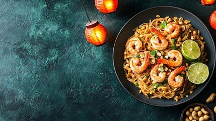 Minimalistic Pop Art Pad Thai Noodles with Shrimp,Lime,and Peanuts Under Floating Lanterns