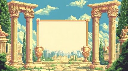 A pixel art scene with two columns framing a blank space. The columns are in front of a background of a city, mountains, and a blue sky. The scene is reminiscent of ancient Greece.