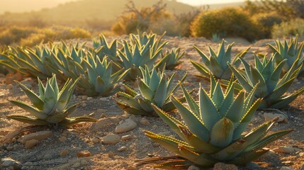 Wall Mural - A field of aloe vera plants basking in the warm golden sunlight, showcasing their vibrant green foliage and intricate spiky textures.