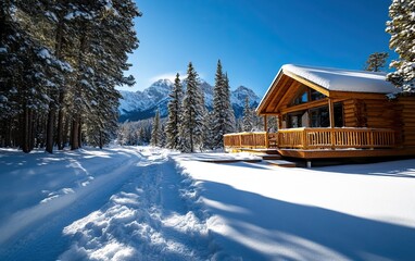 A cozy log cabin nestled in a serene, snow-covered landscape, surrounded by tall trees and mountains under a clear blue sky.