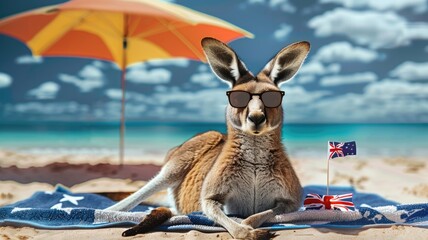 Kangaroo relaxing on a sunny beach with umbrella and australian flag