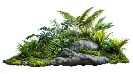 tropical plant fern moss bush tree jungle stone rock isolated on white background with clipping path