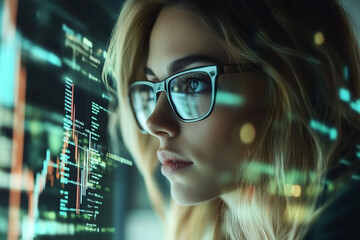Aufkleber - focused female programmer in glasses surrounded by code and data visualizations