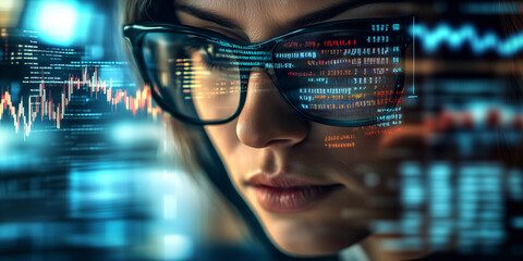 Aufkleber - focused female programmer in glasses surrounded by code and data visualizations, reflecting intense concentration and analytical skills