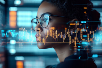Aufkleber - focused female programmer in glasses surrounded by code and data visualizations, deeply engaged in her work