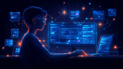 Aufkleber - person using multiple digital interfaces in futuristic setting, surrounded by glowing screens and data, representing advanced technology and connectivity
