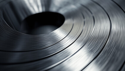 Poster - close up of brushed metal texture with concentric circular patterns, showcasing sleek and industrial design. metallic surface reflects light, highlighting its smooth finish
