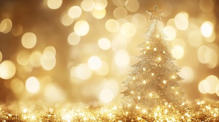 Poster - Sparkling Golden Christmas Tree with Star Topper Against a Blurred Festive Light Background : Generative AI