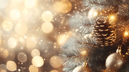 Aufkleber - Glowing Christmas Tree Branch with Pinecone and Baubles in Bokeh Light : Generative AI