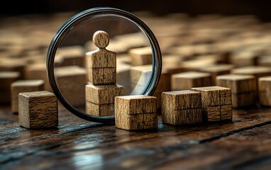 Closeup of a magnifying glass focused on wooden blocks with human figures, symbolizing the search for talent in recruiting and hiring