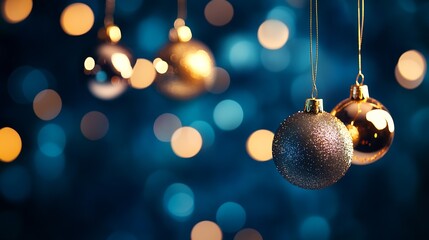Aufkleber - Elegant Christmas Baubles Against a Soft Blue and Gold Bokeh Background : Generative AI