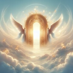 Wall Mural - ethereal shiny golden heaven gates or door in the heaven sky, surrounded by white clouds, entrance i
