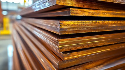 Aufkleber - Stacked Copper Sheets in an Industrial Warehouse Setting with Focused Lighting : Generative AI