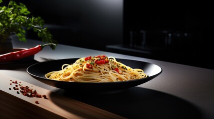 A minimalist, modern dining table set with a simple plate of spaghetti aglio e olio, garnished with chili flakes and parsley, surrounded by elegant flatware