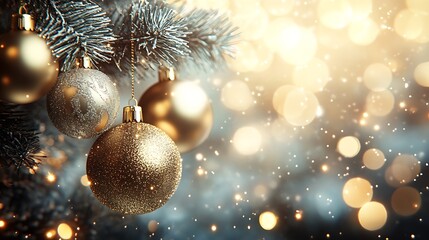 Poster - Elegant Golden Christmas Ornament Balls on Pine Tree with Festive Bokehs : Generative AI