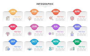 Timeline Creator infographic template. 12 months timeline journey, 1 year calendar infographics design template. presentation graph. Business concept with 12 options or steps, vector illustration.