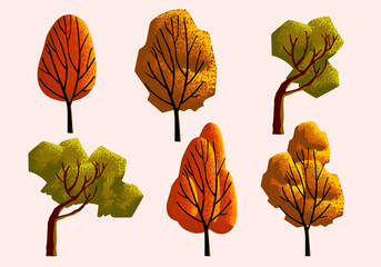 Set of deciduous and evergreen trees plants forest element vector illustration. Botanical and nature collection isolated on white background.