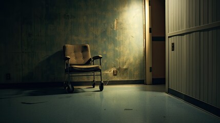 Wall Mural - A single, worn-out chair with faded upholstery in a dimly lit hospital hallway, evoking a sense of loneliness and waiting