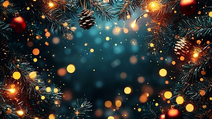 Poster - Christmas Eve Sparkle With Decorated Evergreen Branches and Glowing Ornaments : Generative AI