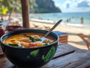 Delightful tom yum goong soup served against the stunning backdrop of phuket's beautiful beach landscape