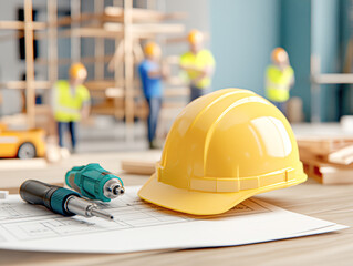 A construction site with a yellow hard hat and a toolbox