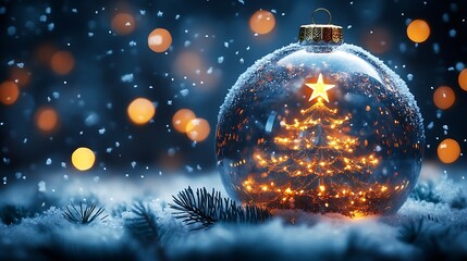 Poster - Glowing Christmas Ornament with Star Shaped Light and Pine Needles in Snowy Background : Generative AI