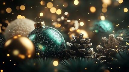 Aufkleber - Festive Christmas Scene with Glittering Ornaments and Pine Cones in a Cozy Holiday Setting : Generative AI
