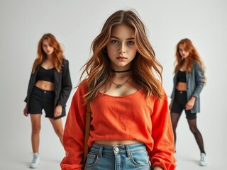 Stunning high-resolution photographs of a bold, fashionable teenage girl whose figure, hair color, clothes and personality can be compared to a lit match. State of mind